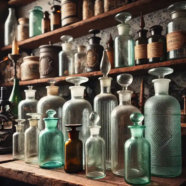 A collection of old apothecary glass bottles used as decorative storage in a vintage interior design setting