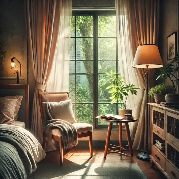 A cozy reading nook near a window with natural light pouring in, soft curtains framing the window, and a chair