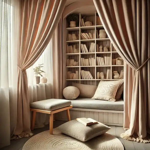A cozy reading nook with a footrest and soft curtains, making the space even more comfortable for long reading sessions