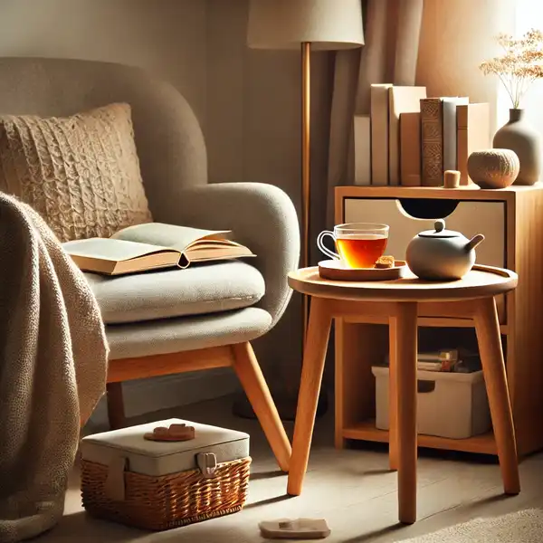 A cozy reading nook with a side table next to the chair