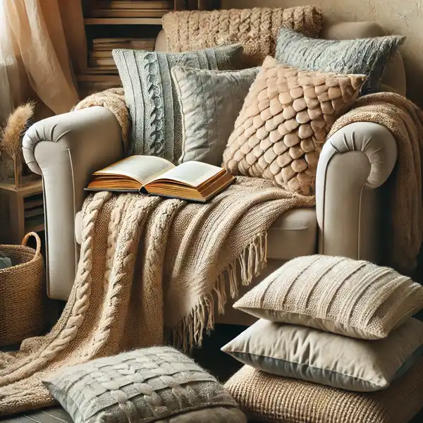 A cozy reading nook with soft blankets and pillows on a chair