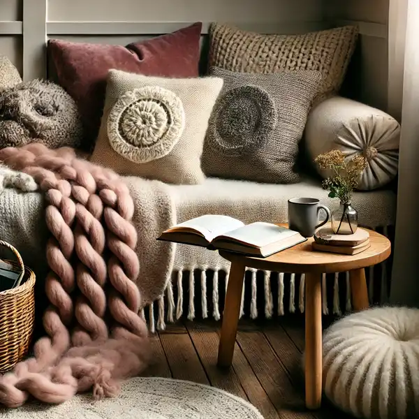 A cozy reading nook with soft colors and a mix of textures like a wool blanket, velvet pillow, and a wooden table