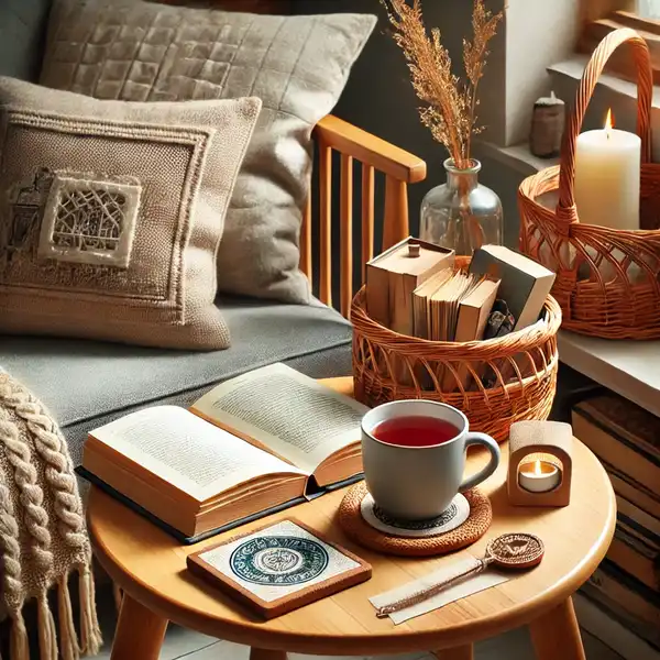 A cozy reading nook with useful accessories like a coaster for tea, a bookmark, and a basket for storing extra books or blank