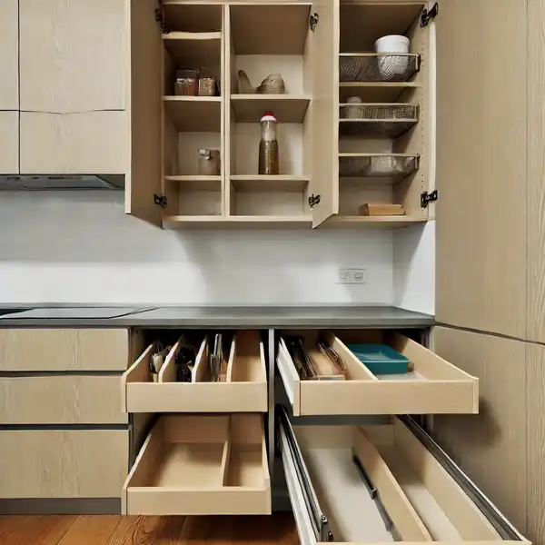 A kitchen with hidden storage solutions, including pull out shelves, hidden drawers, and built in organizers