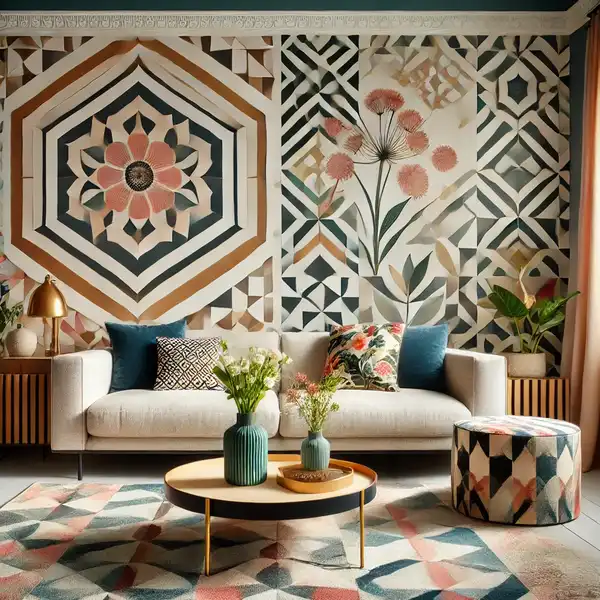 A living room showcasing a bold geometric pattern paired with a soft floral design