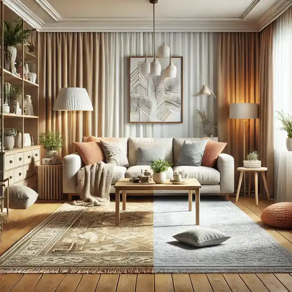A living room showing an interior design mistake of a rug that doesn’t match the room’s aesthetic