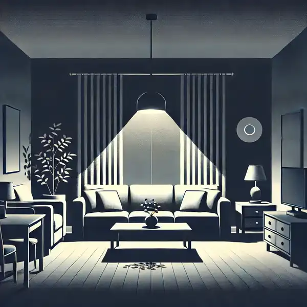 A living room with poor lighting, only relying on a single overhead light