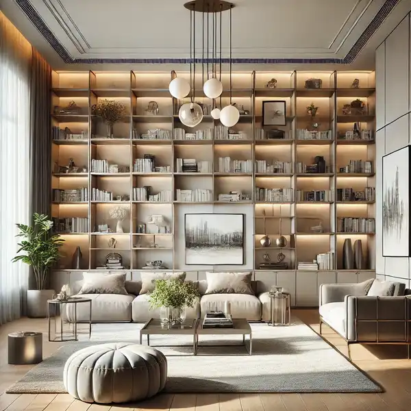 A luxury living room featuring built in shelving with a minimalist design