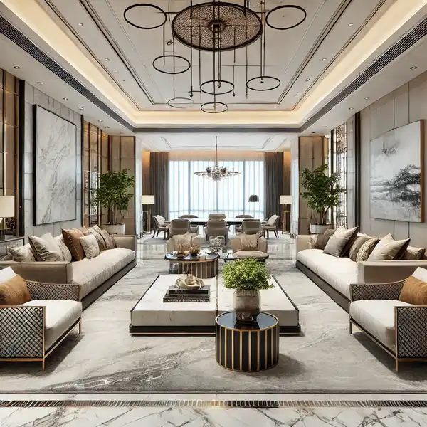 A luxury living room featuring high end materials such as marble flooring and polished wood furniture