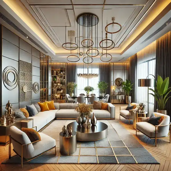 A luxury living room with metal accents integrated into the decor
