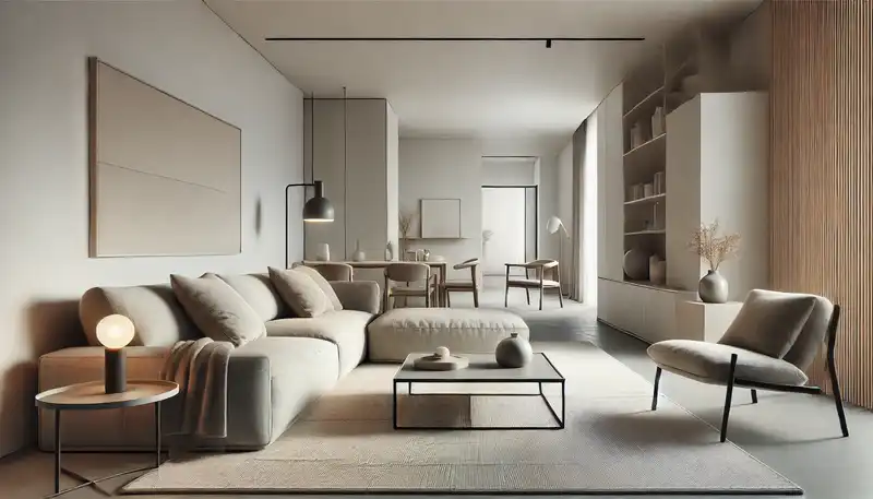 A minimalist apartment living room featuring sleek furniture with clean lines and maximum comfort