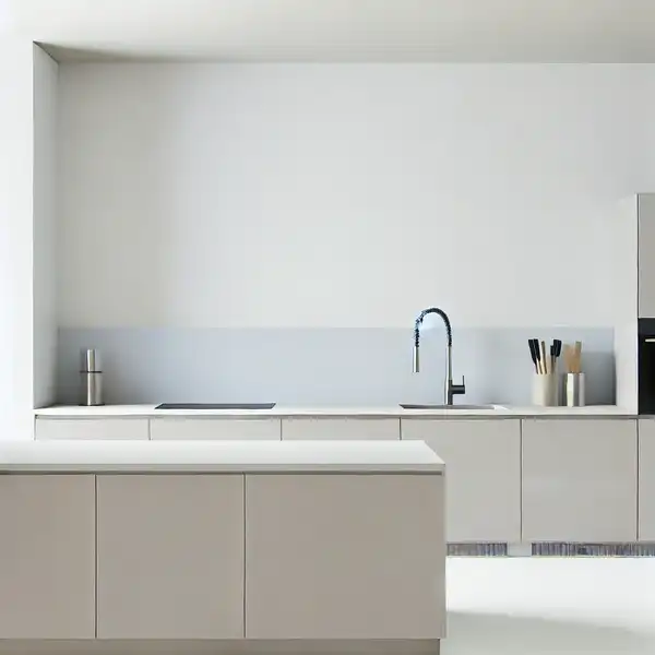 A minimalist kitchen design with clean lines, neutral colors, and uncluttered countertops
