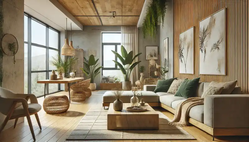 A modern apartment living room featuring eco friendly furniture made from sustainable materials such as bamboo