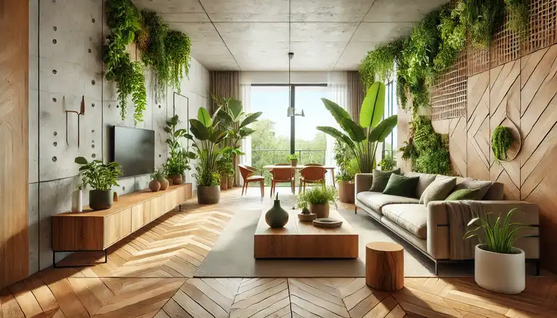 A modern apartment living room showcasing biophilic design with natural elements