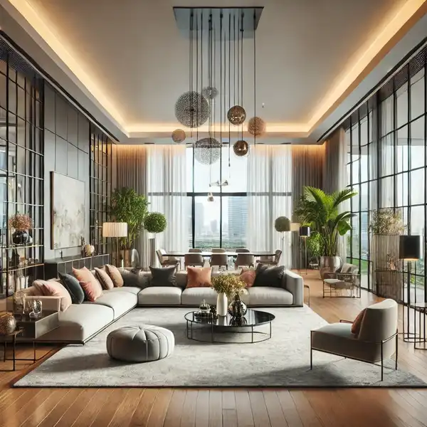 A modern luxury living room featuring a beautiful open space layout