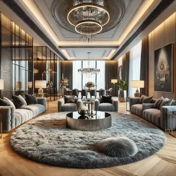 A modern luxury living room featuring a large, plush rug in the center of the seating area