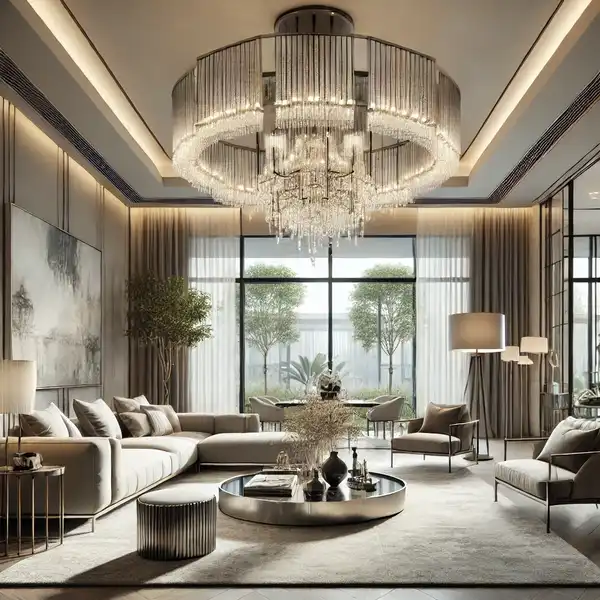 A modern luxury living room featuring a large, statement chandelier as the central focus