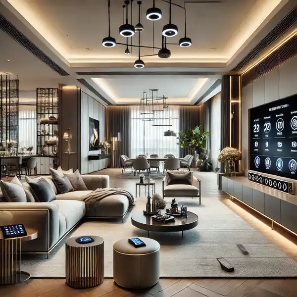 A modern luxury living room featuring smart technology seamlessly integrated into the design