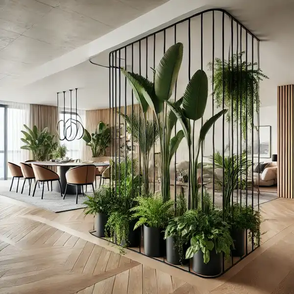 A modern open floor plan featuring large indoor plants used as dividers A modern open floor plan featuring large indoor plants used as dividers