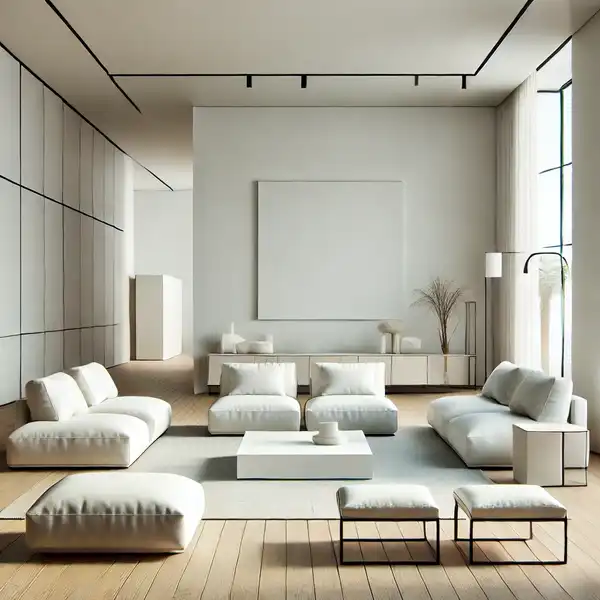 A modern open floor plan featuring minimalist furniture A modern open floor plan featuring minimalist furniture