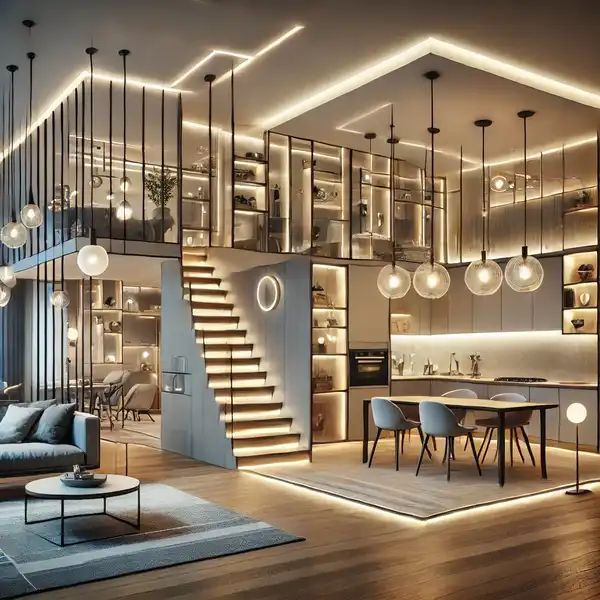 A modern open floor plan showcasing multiple lighting zones A modern open floor plan showcasing multiple lighting zones