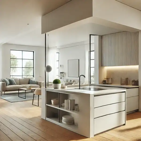 A modern open floor plan showing a kitchen island serving as a divider between the kitchen and living room A modern open floor plan showing a kitchen island serving as a divider between the kitchen and living room