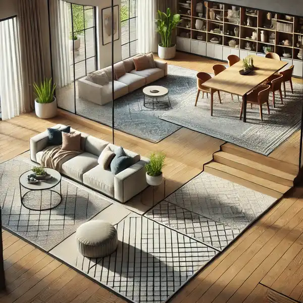 A modern open floor plan that uses rugs to define spaces A modern open floor plan that uses rugs to define spaces