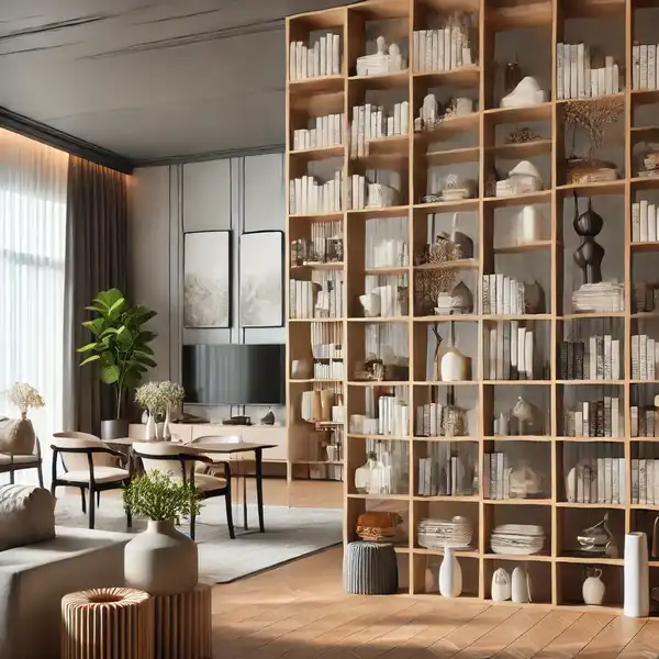 A modern open floor plan using open shelving as room dividers A modern open floor plan using open shelving as room dividers
