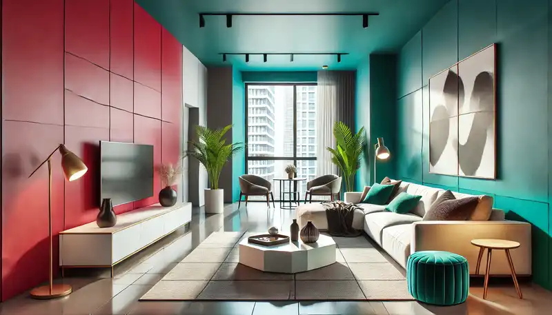 A vibrant apartment living room featuring a bold accent wall in a bright color like deep red or teal