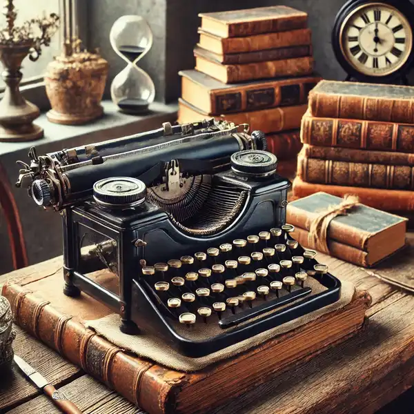 A vintage typewriter placed on a rustic wooden desk, surrounded by old books and vintage decor