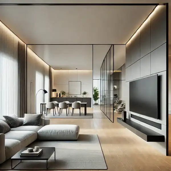 An open floor plan featuring a floating TV wall An open floor plan featuring a floating TV wall