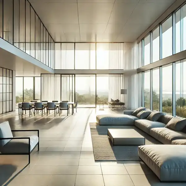 An open floor plan featuring floor to ceiling windows An open floor plan featuring floor to ceiling windows