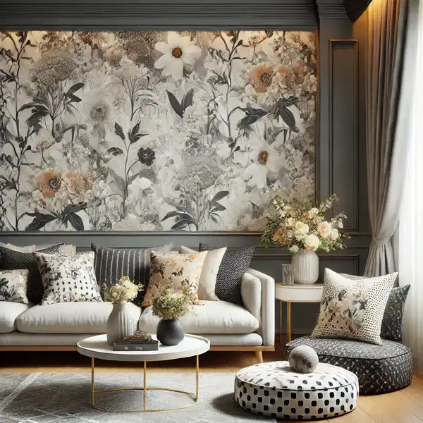 Keep the Color Palette Simple A stylish living room featuring a mix of large and small patterns