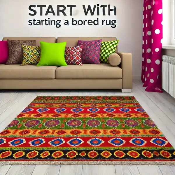 Start With a Bold Rug A living room with a bold patterned rug as the centerpiece