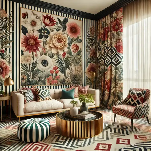 Start With the Showstopper Fabric A living room showcasing a showstopper fabric, such as bold floral curtains